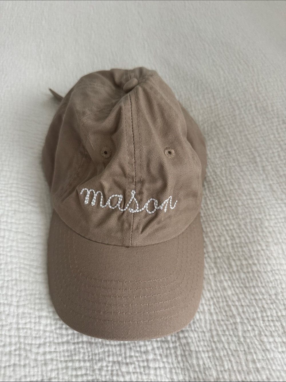 Personalized Tan Kids Baseball Cap with white “Mason” Embroidery